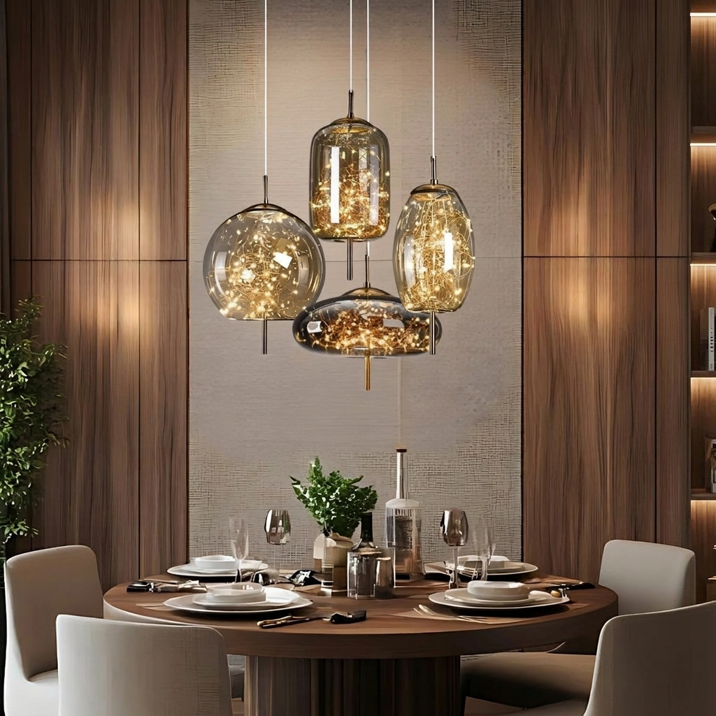 FUME glass pendant showing its warm decorative light effect