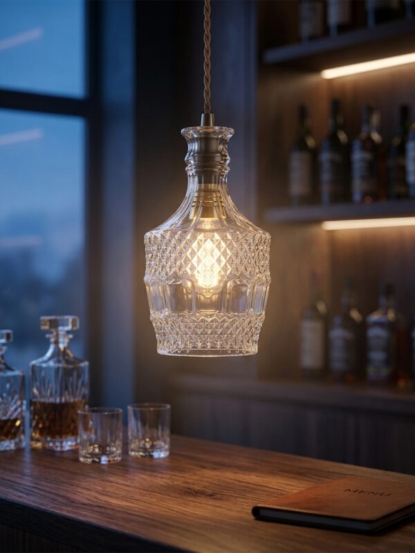 DECANTER retro glass pendant light hanging over modern bar counter