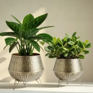 Vintage Hammered Brass Planting Pots with Tripod Stand