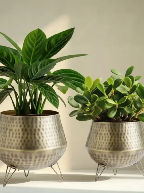 Vintage Hammered Brass Planting Pots with Tripod Stand
