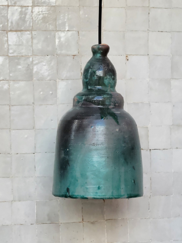 Moroccan Teal Glazed Pottery Bell Pendant Light - Installed Room Setting Warm Ambient Interior Illumination