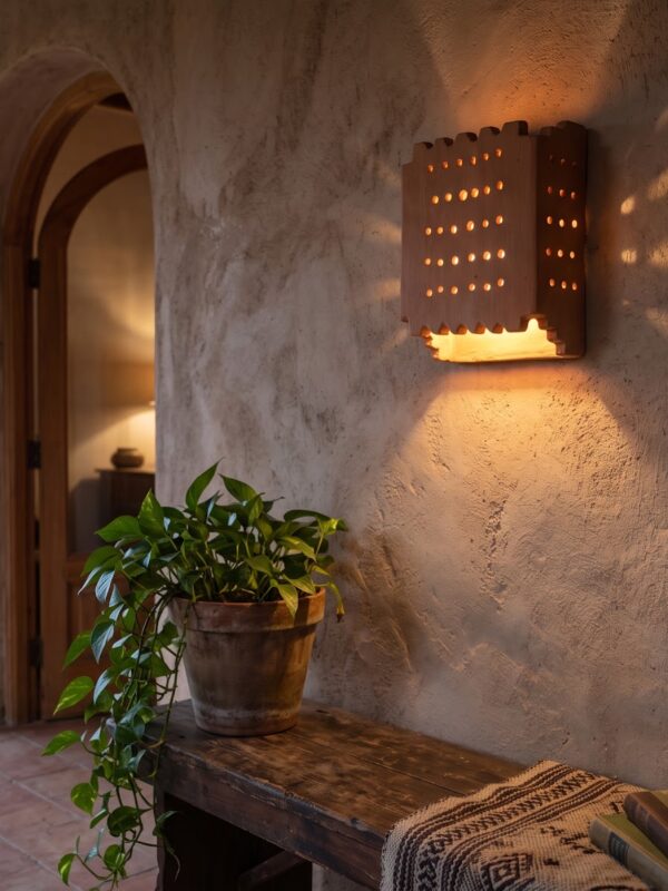 Moroccan Terracotta Grid Perforated Wall Sconce - Installed Room Setting Warm Ambient Interior Illumination