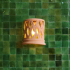 Moroccan Terracotta Lattice Wall Sconce - Illuminated Night Shadow Pattern and Pierced Light Projection