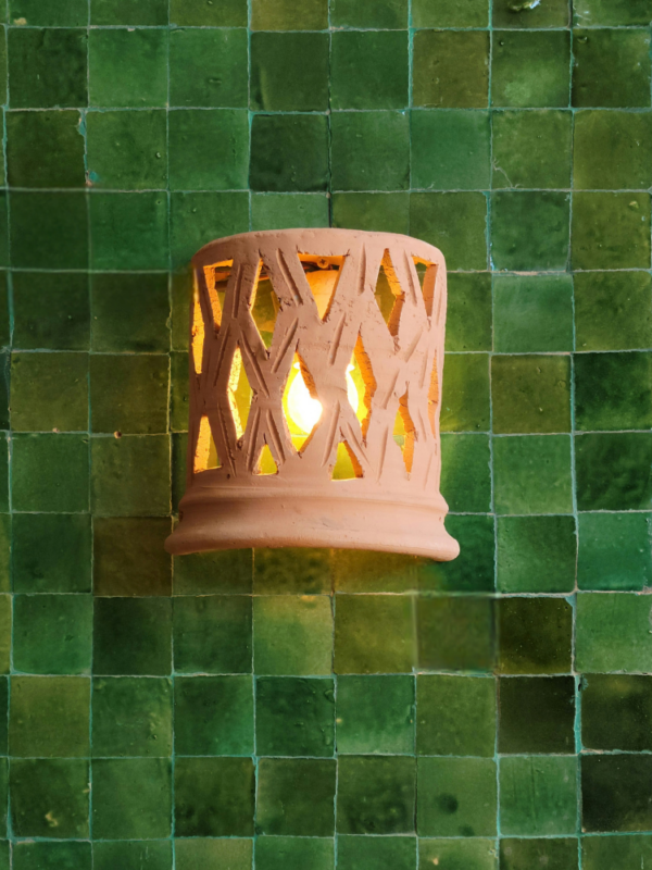 Moroccan Terracotta Lattice Wall Sconce - Illuminated Night Shadow Pattern and Pierced Light Projection