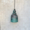 Moroccan Teal Glazed Pottery Bell Pendant Light - Hand-Carved Earthenware Texture and Clay Perforation Detail