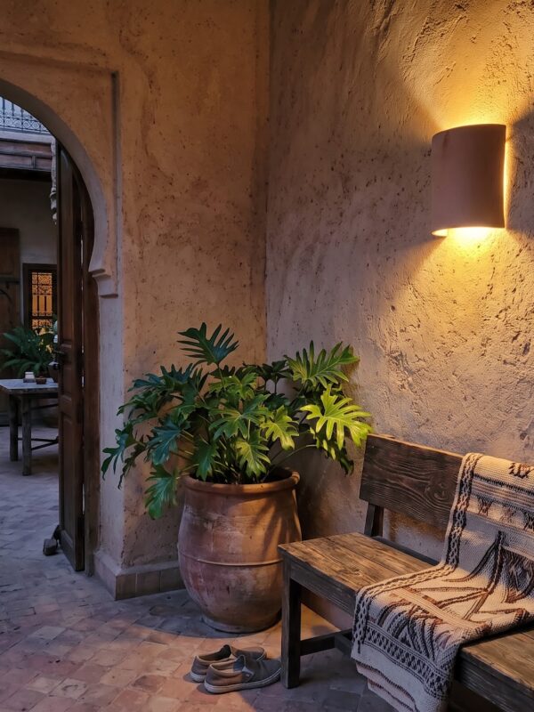 Moroccan Terracotta Openwork Wall Sconce - Installed Room Setting Warm Ambient Interior Illumination