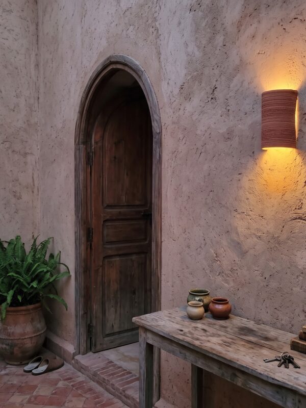 Moroccan Terracotta Carved Globe Wall Sconce - Installed Room Setting Warm Ambient Interior Illumination