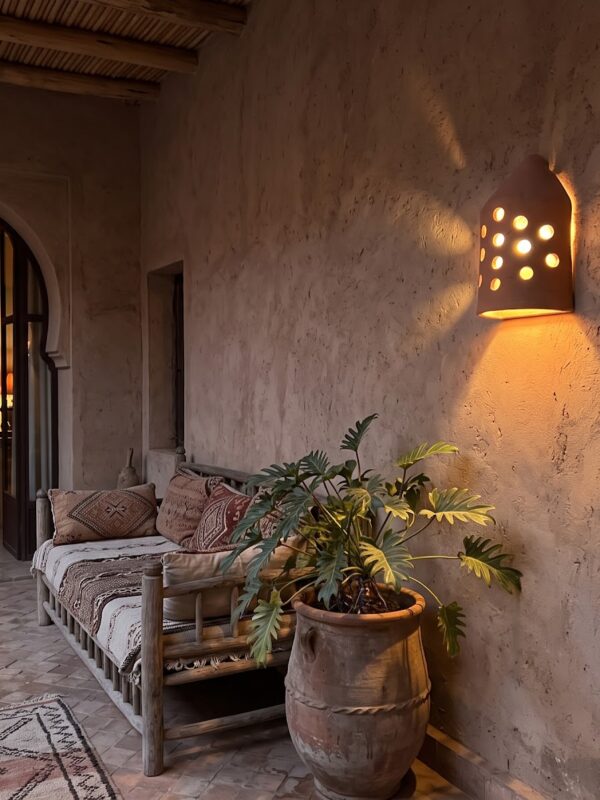 Moroccan Terracotta Cylinder Wall Sconce - Installed Room Setting Warm Ambient Interior Illumination