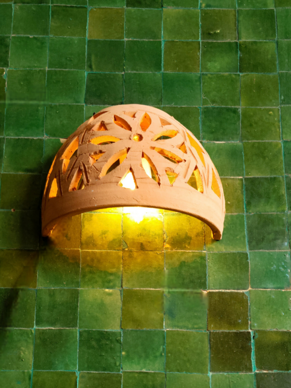 Moroccan Terracotta Floral Cutout Wall Sconce - Handcrafted Moroccan Pottery Lighting Hero View