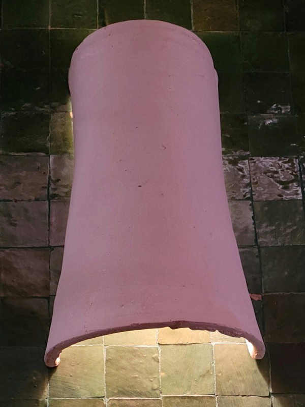 Moroccan Pink Terracotta Concave Wall Sconce - Handcrafted Moroccan Pottery Lighting Hero View
