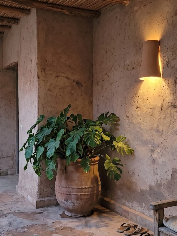 Moroccan Pink Terracotta Concave Wall Sconce - Installed Room Setting Warm Ambient Interior Illumination
