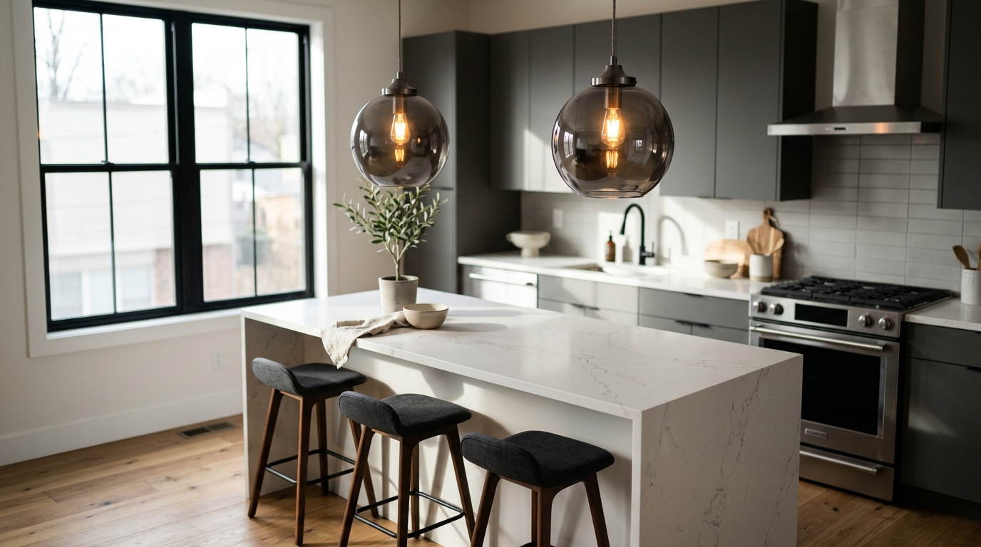 How to hang pendant lights over a kitchen island: two glass pendants 32 inches above the counter