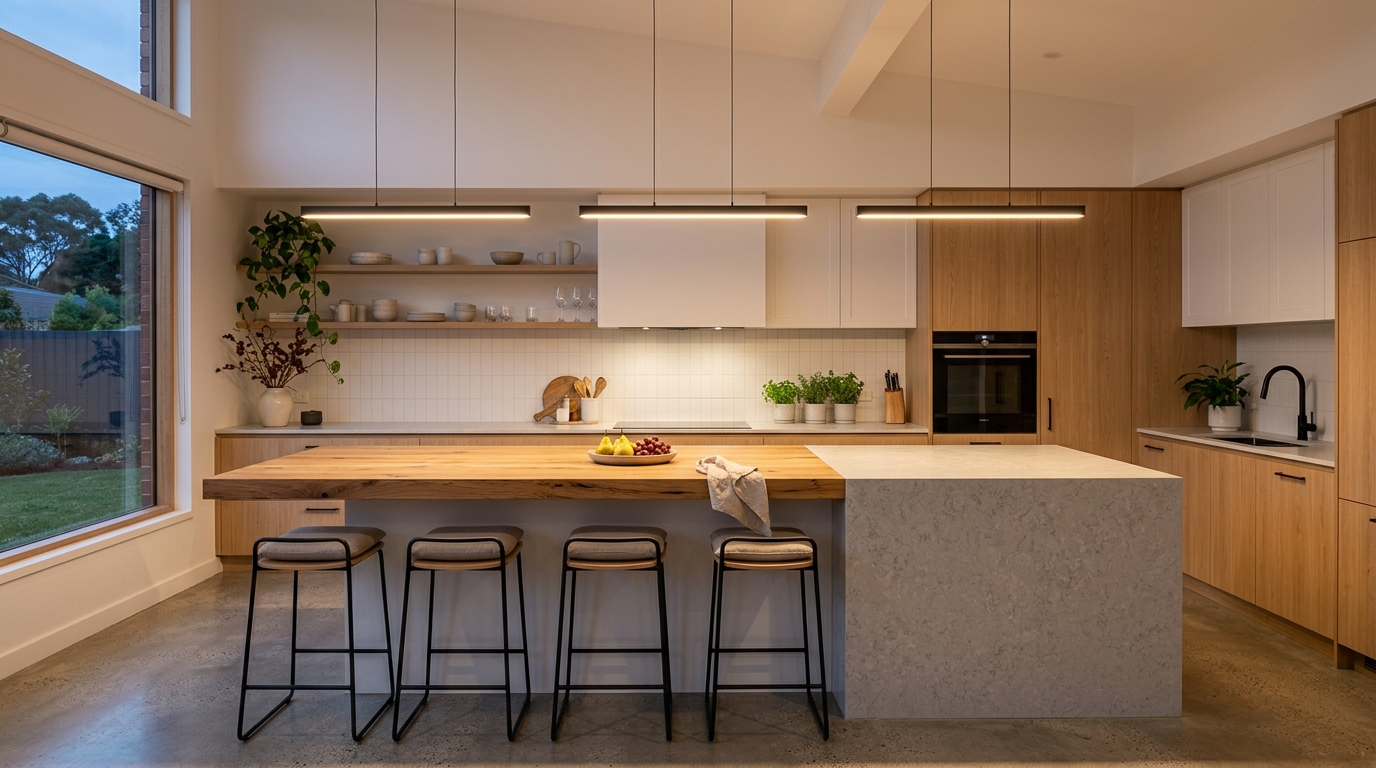 Three evenly spaced pendant lights over a long kitchen island showing correct spacing and scale