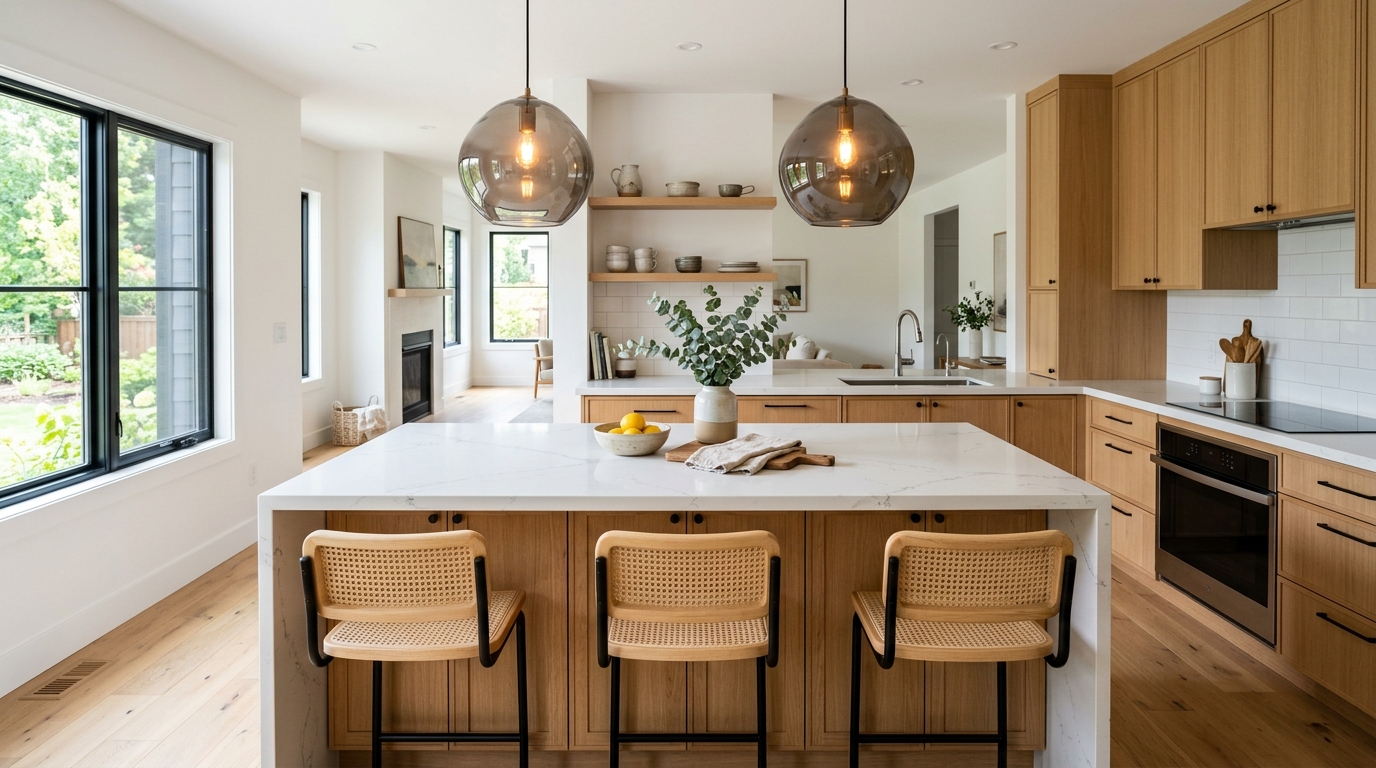 How many pendant lights over a 6 foot island: two sculptural glass pendants evenly spaced above a white kitchen island