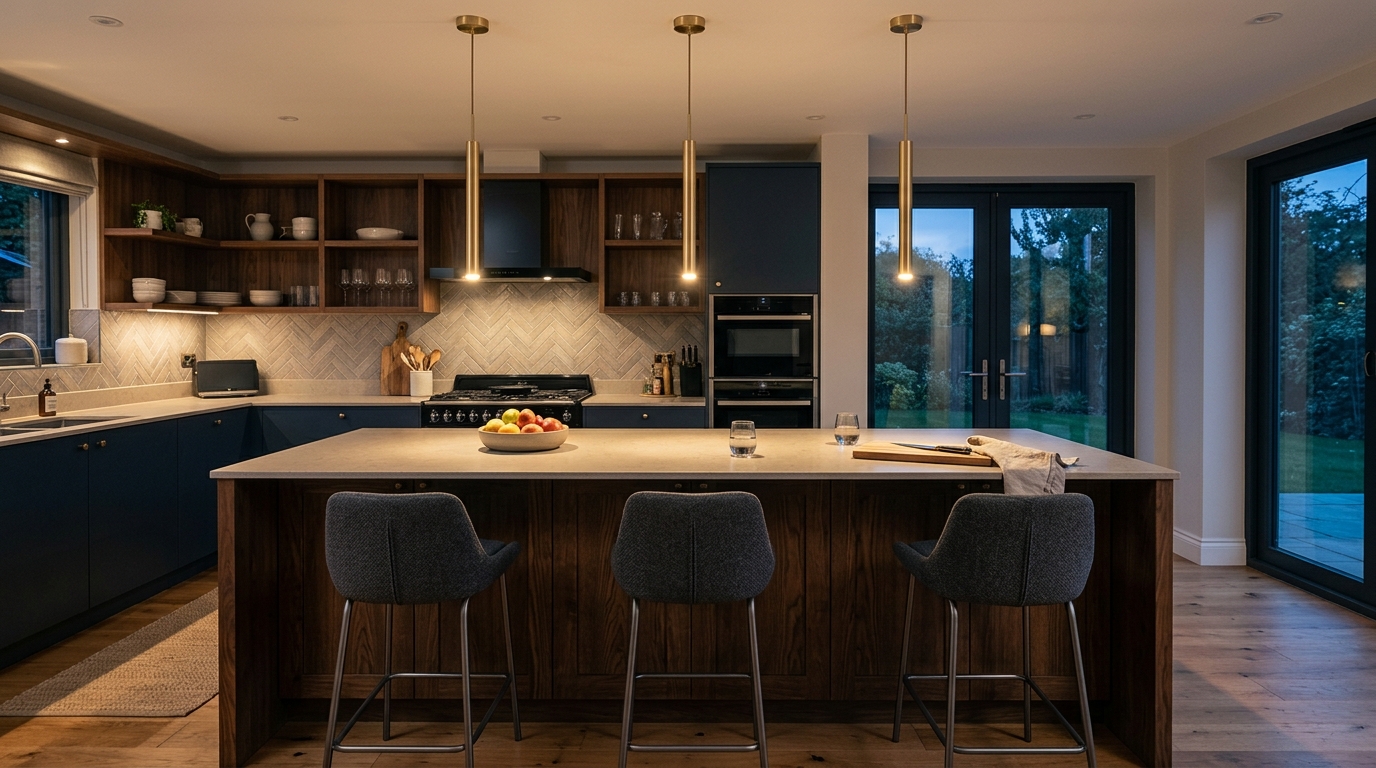 Three slim rod pendant lights evenly spaced over an 8 foot kitchen island with bar seating
