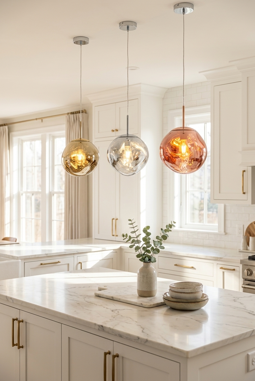 Three glass pendant lights evenly spaced above a marble kitchen island